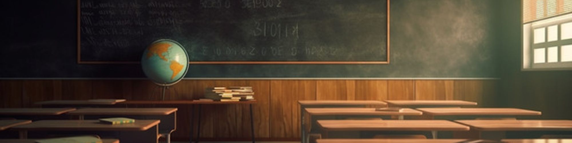 classroom with desks facing a whiteboard