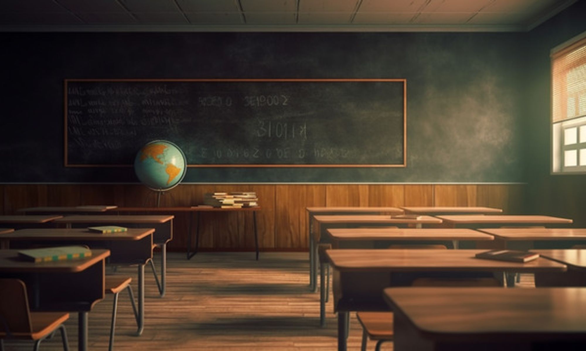 classroom with desks facing a whiteboard